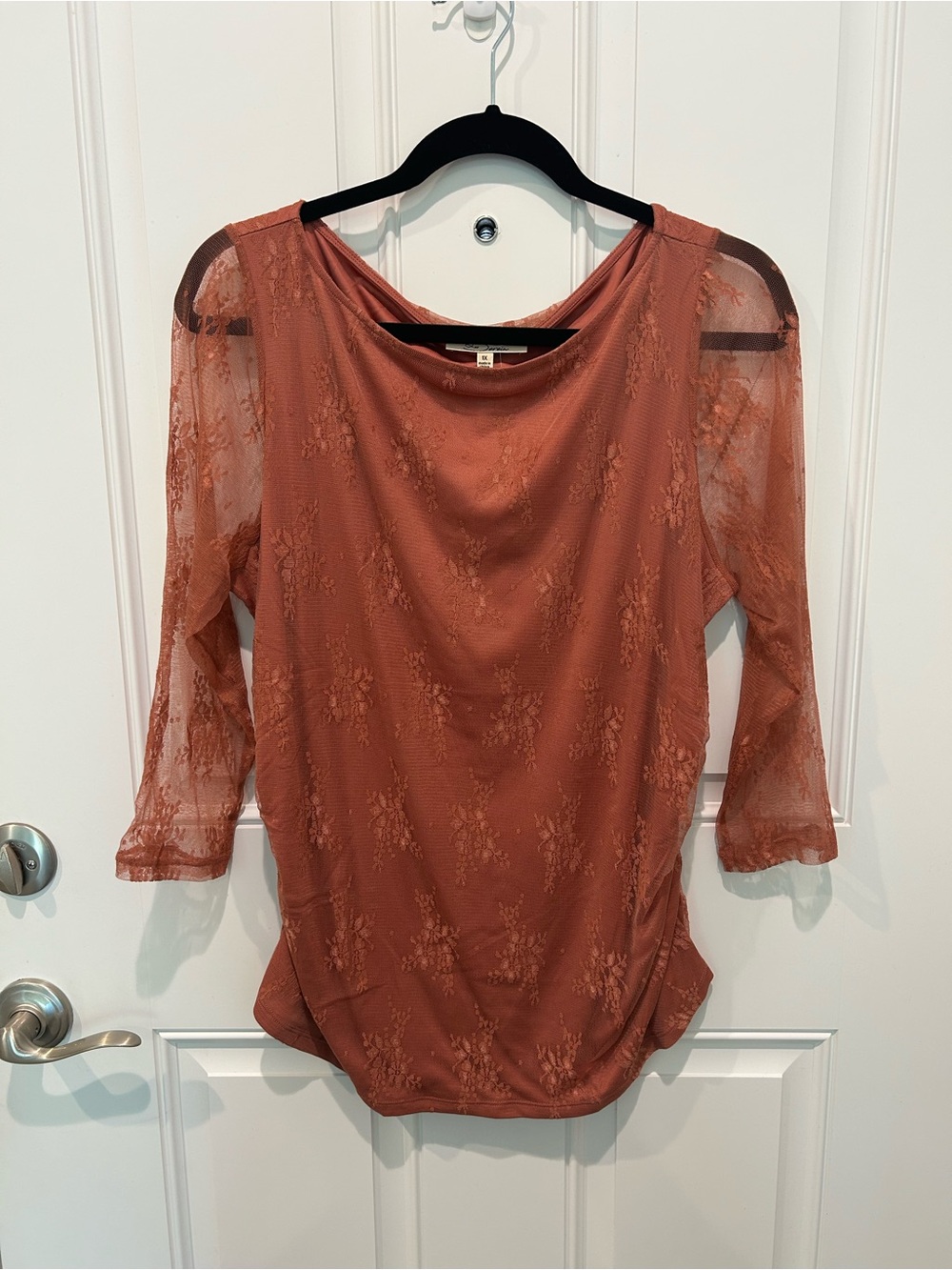 Lace-Sleeve Boatneck Blouse in Rust